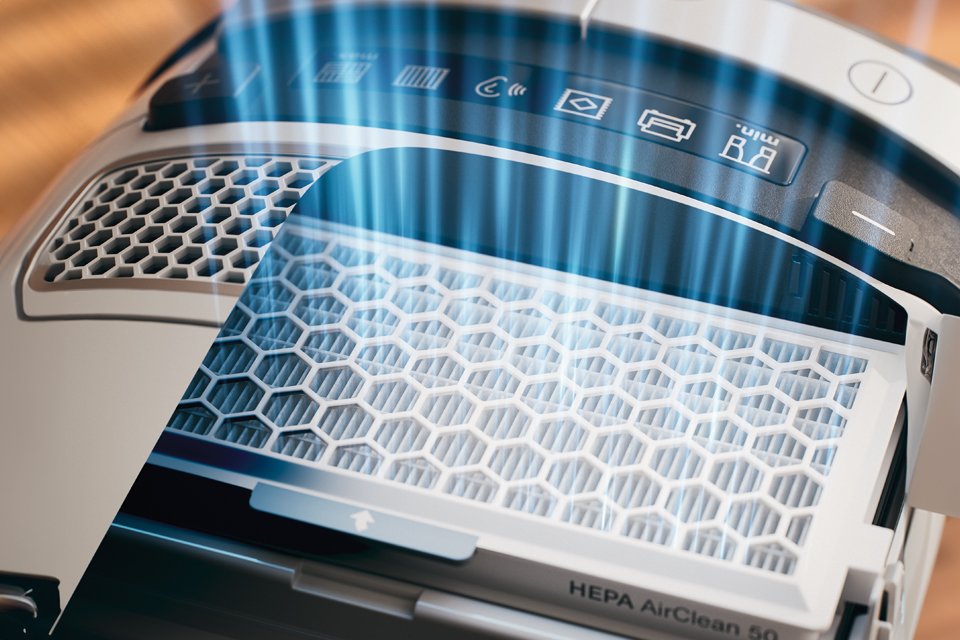 Miele's HEPA filter with graphic overlay to imitate filtration.